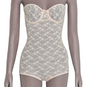 Vintage Nude Sheer Lace Strapless Shape Wear Bodysuit XS - Small 34B (Full B)